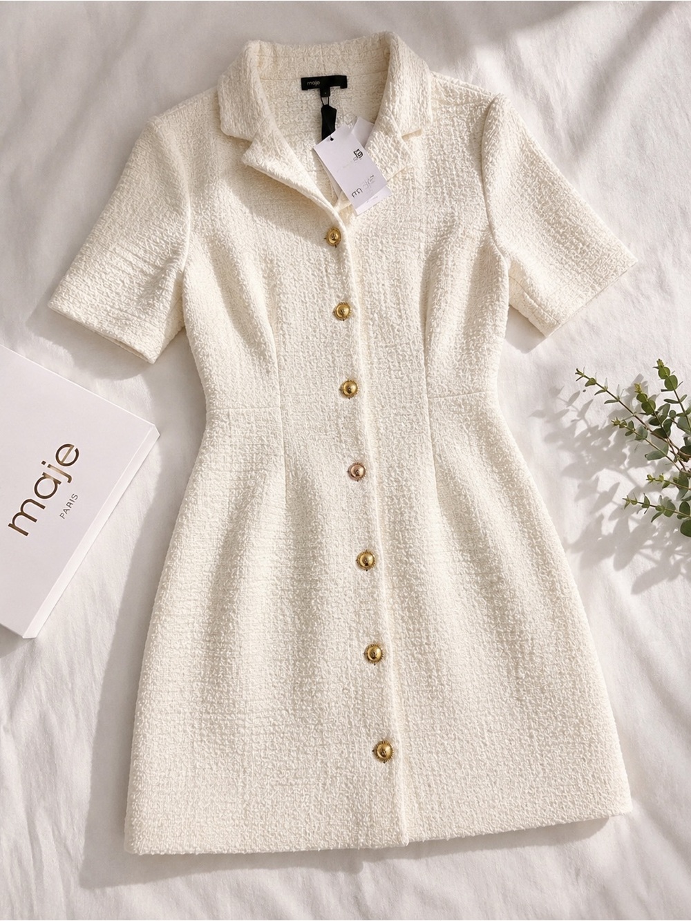 Maje Ecru Cream Boucle Gold Button Mini Dress Size 34 US XS NEW WITH TAGS NWT